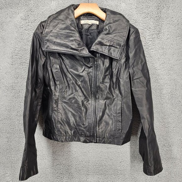 Kenneth Cole Women's Size Large Black Leather Full‎ Zip Motorcycle Jacket - Picture 1 of 14